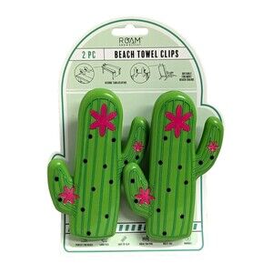 Cactus Figural Beach Towel Tablecloth Clips 5-in Green Pink 2-Piece Gift NEW